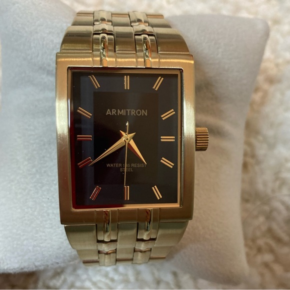 NWOT Brushed gold black rectangular mens Armitron watch - Picture 6 of 7